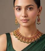 Gold plated ruby red bridal choker necklace set
