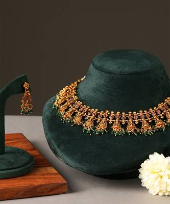 Gold plated ruby red bridal choker necklace set 3