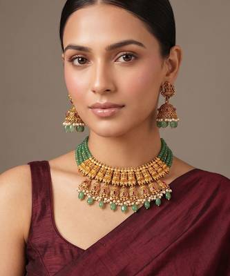 Gold plated green temple choker necklace set 1