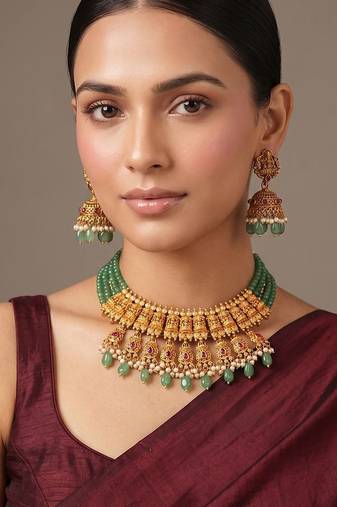 Gold plated green temple choker necklace set