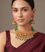 Gold plated green temple choker necklace set