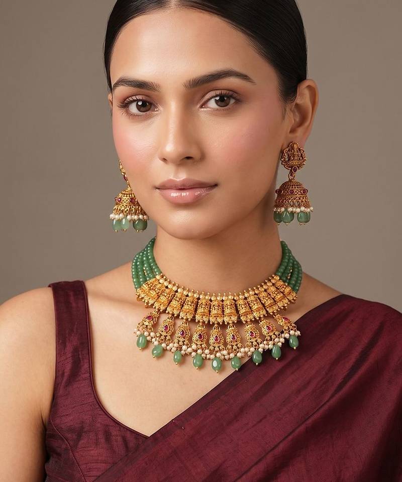 Gold plated green temple choker necklace set