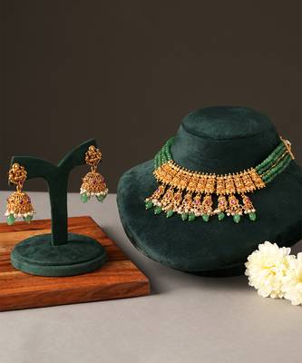 Gold plated green temple choker necklace set 2
