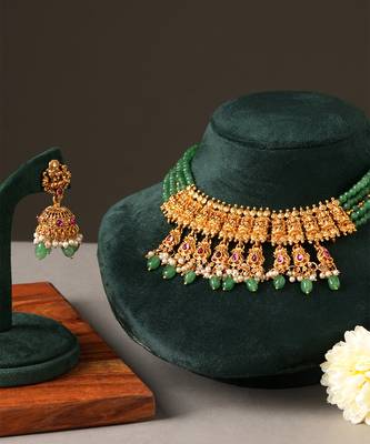 Gold plated green temple choker necklace set 3