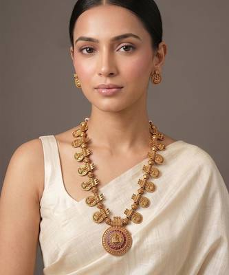 Gold plated royal nakshi temple chain necklace set 1