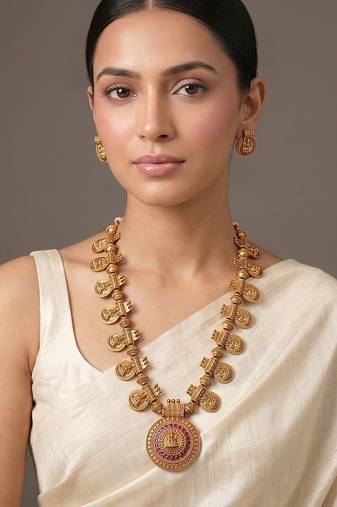 Gold plated royal nakshi temple chain necklace set