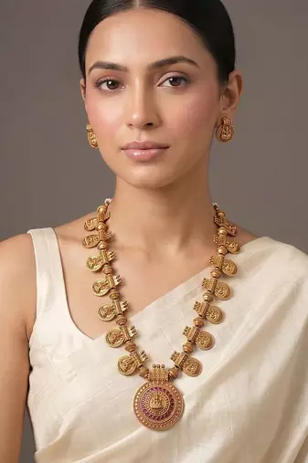 Gold plated royal nakshi temple chain necklace set