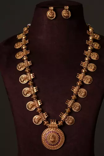 Gold plated royal nakshi temple chain necklace set