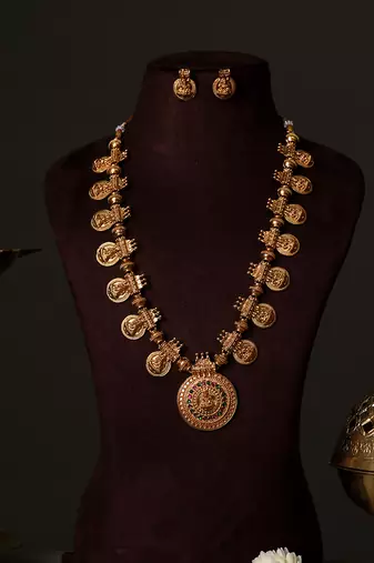Gold plated royal nakshi temple chain necklace set