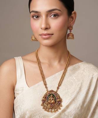Gold plated green lakshmi temple haar necklace set 1