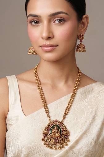 Gold plated green lakshmi temple haar necklace set