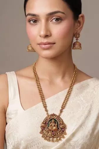Gold plated green lakshmi temple haar necklace set