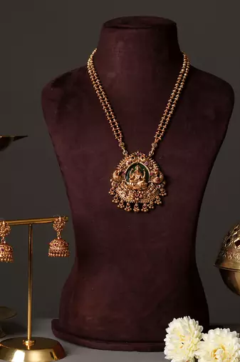 Gold plated green lakshmi temple haar necklace set