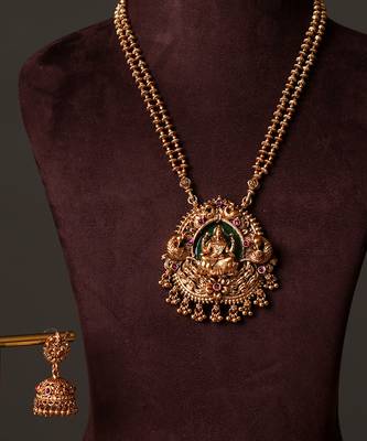 Gold plated green lakshmi temple haar necklace set 3