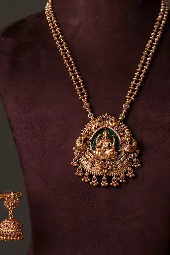 Gold plated green lakshmi temple haar necklace set