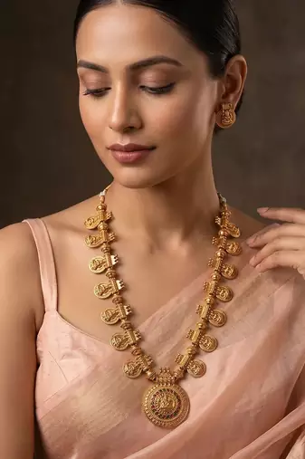 Gold plated royal nakshi temple chain necklace set