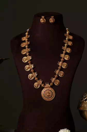 Gold plated royal nakshi temple chain necklace set