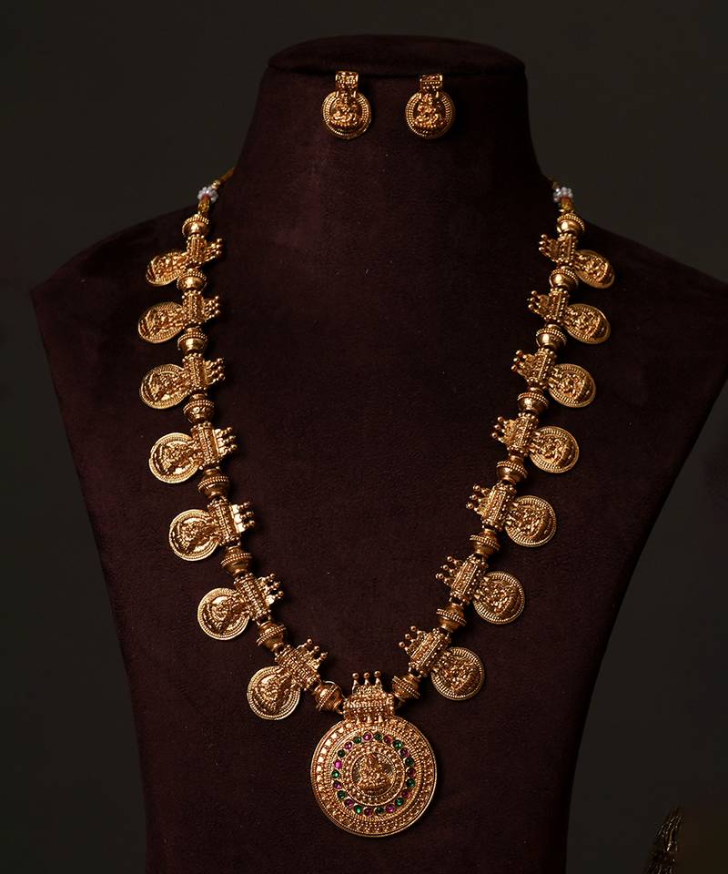 Gold plated royal nakshi temple chain necklace set