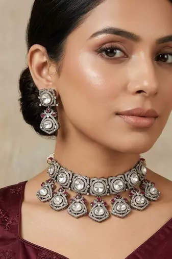 rani color choker american diamond necklace set