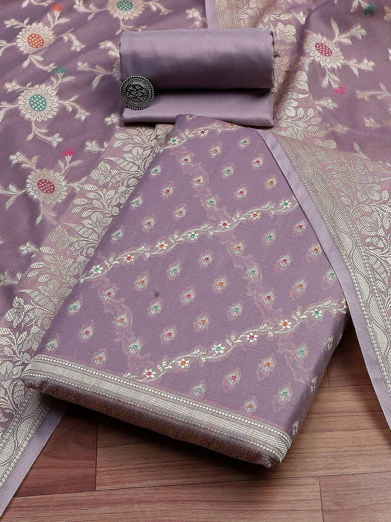 Floral Woven Design Zari Unstitched Dress Material