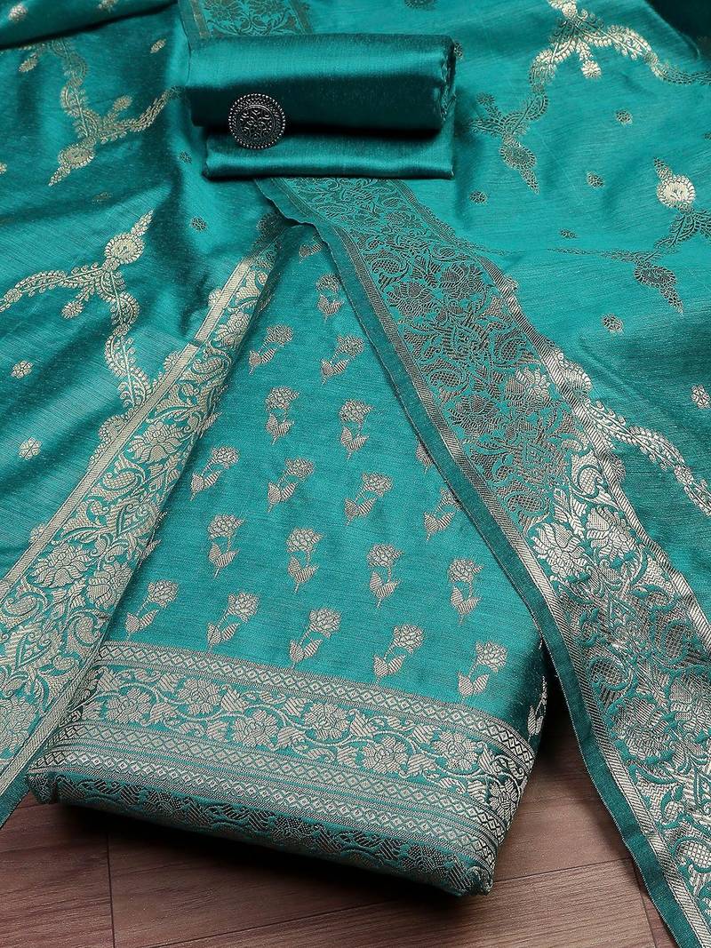 Floral Woven Design Zari Unstitched Dress Material