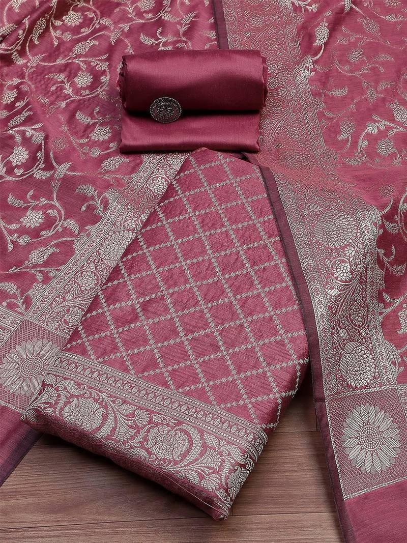 Floral Woven Design Zari Unstitched Dress Material