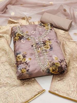 Floral Printed Beads & Stones Organza Unstitched Dress Material 1