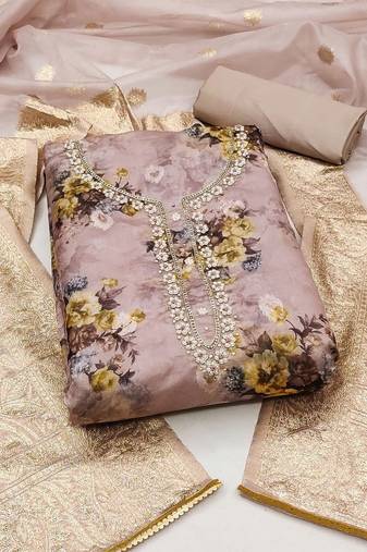 Floral Printed Beads & Stones Organza Unstitched Dress Material