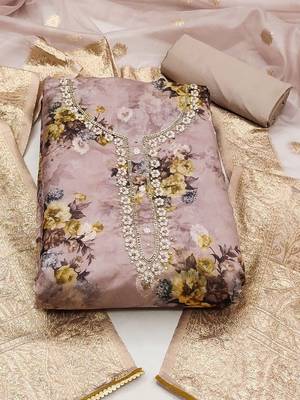Floral Printed Beads & Stones Organza Unstitched Dress Material 2
