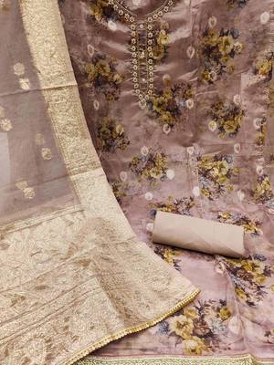 Floral Printed Beads & Stones Organza Unstitched Dress Material 3