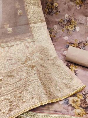 Floral Printed Beads & Stones Organza Unstitched Dress Material 4