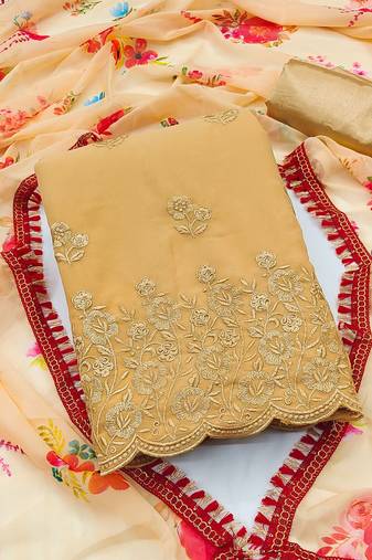 Yellow & Cream Embroidered Silk Georgette Unstitched Dress Material