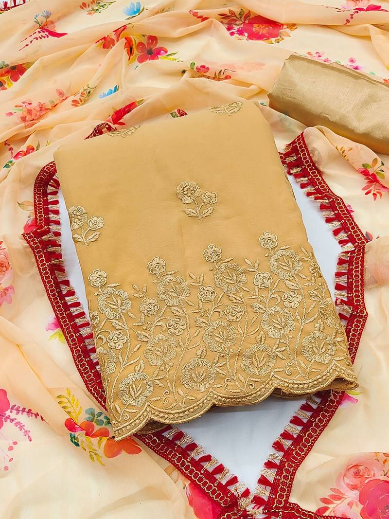Yellow & Cream Embroidered Silk Georgette Unstitched Dress Material