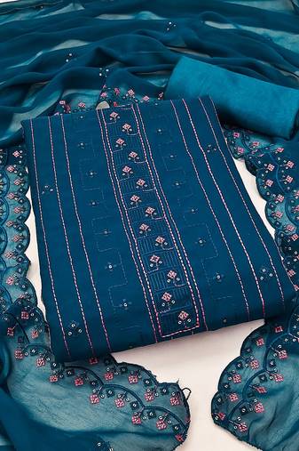 Teal & Pink Embroidered Silk Georgette Unstitched Dress Material