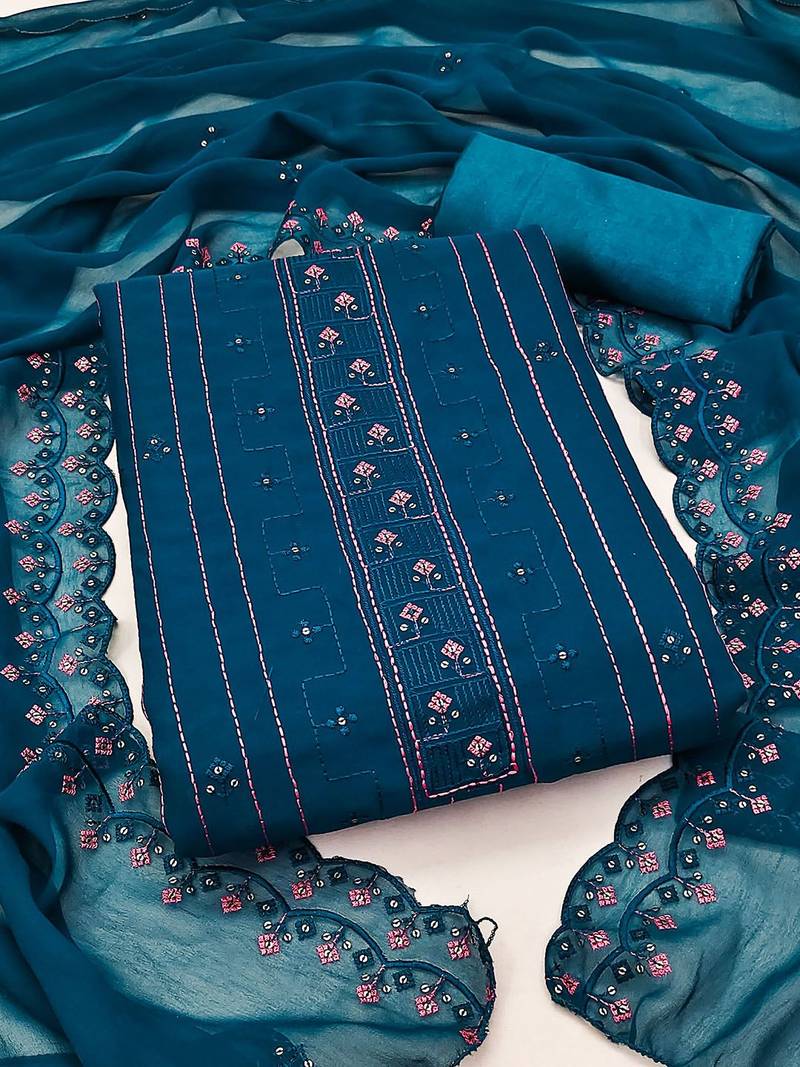 Teal & Pink Embroidered Silk Georgette Unstitched Dress Material