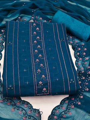 Teal & Pink Embroidered Silk Georgette Unstitched Dress Material 2