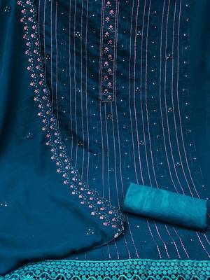 Teal & Pink Embroidered Silk Georgette Unstitched Dress Material 3
