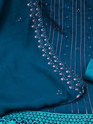 Teal & Pink Embroidered Silk Georgette Unstitched Dress Material 5