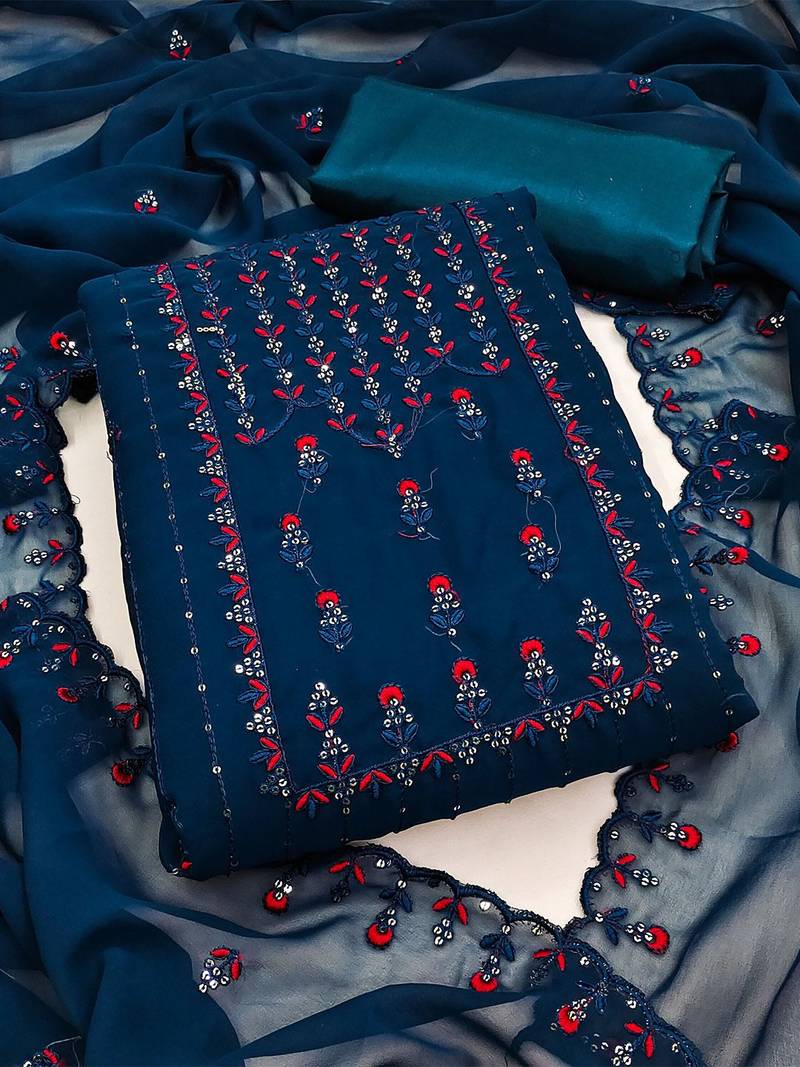 Floral Embroidered Silk Georgette Unstitched Dress Material