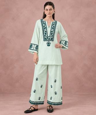 Mint green cotton flex embroidered kurta pant set 1