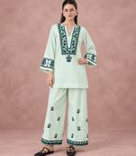 Mint green cotton flex embroidered kurta pant set