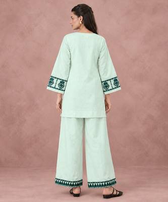 Mint green cotton flex embroidered kurta pant set 2