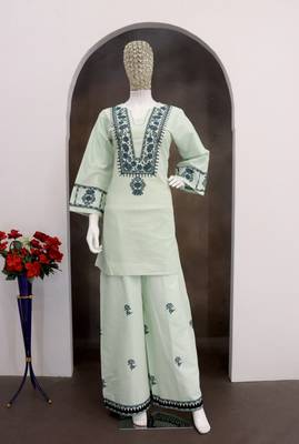 Mint green cotton flex embroidered kurta pant set 3