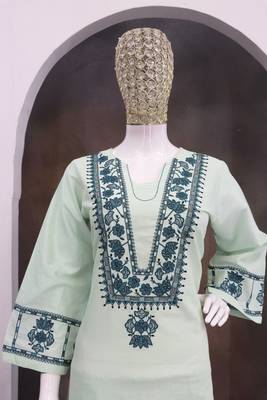 Mint green cotton flex embroidered kurta pant set 4