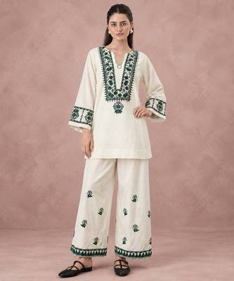 Ivory cream cotton flex embroidered kurta pant set 1