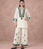 Ivory cream cotton flex embroidered kurta pant set
