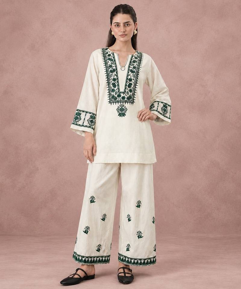 Ivory cream cotton flex embroidered kurta pant set