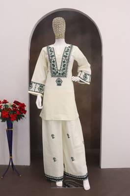 Ivory cream cotton flex embroidered kurta pant set 3