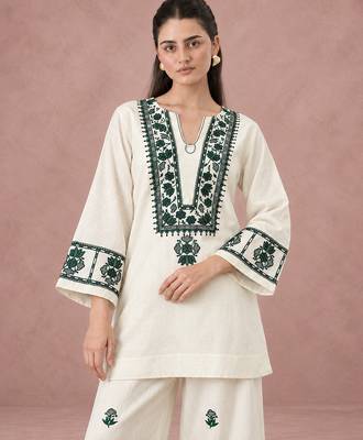 Ivory cream cotton flex embroidered kurta pant set 4