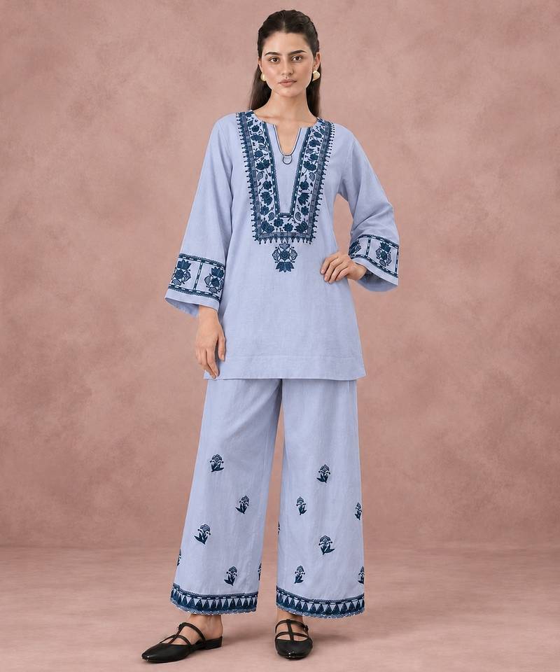 Dusty lavender cotton flex embroidered kurta pant set
